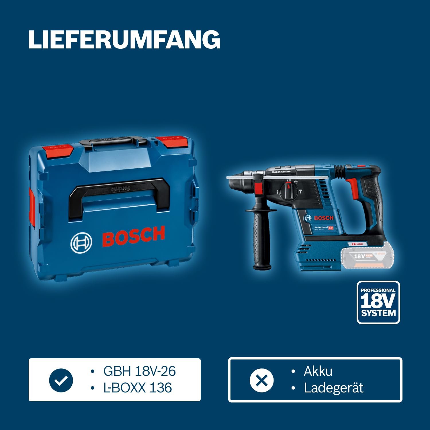 Bosch PRO 18V System Akku Bohrhammer GBH 18V-26 (SDS Plus, Bohr-Ø max: Beton/Stahl/Holz 26/13/30mm, inkl. Zusatzhandgriff, Tiefenanschlag 210mm, Maschinentuch, L-BOXX, ohne Akku/Ladegerät) - Image 7